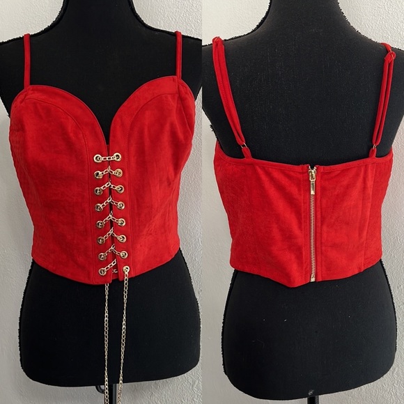 BeBe Josephine Quilted Chain Lace Up Corset Top Goji Berry Faux Suede Size L NWT - Picture 2 of 12